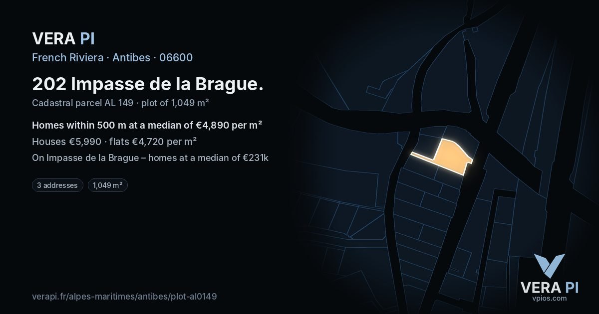 202 Impasse de la Brague, Antibes at night – the plot lit, the parcels around coloured by the prices near them
