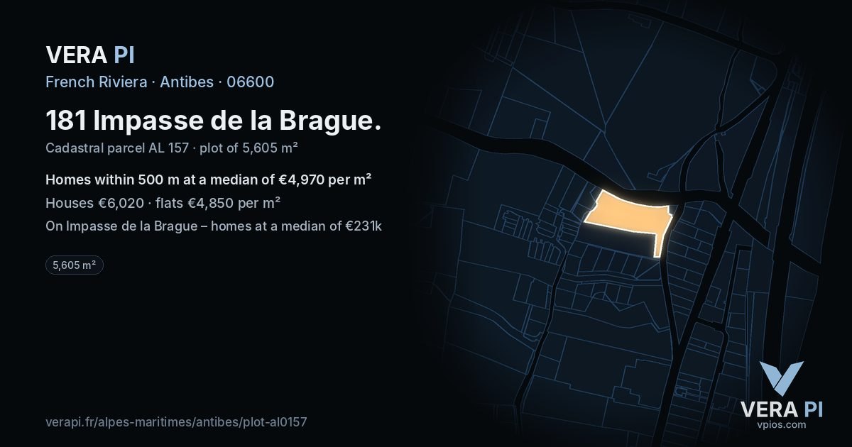 181 Impasse de la Brague, Antibes at night – the plot lit, the parcels around coloured by the prices near them