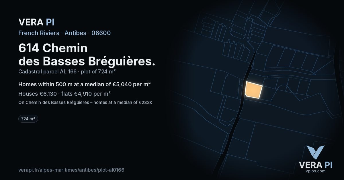 614 Chemin des Basses Bréguières, Antibes at night – the plot lit, the parcels around coloured by the prices near them