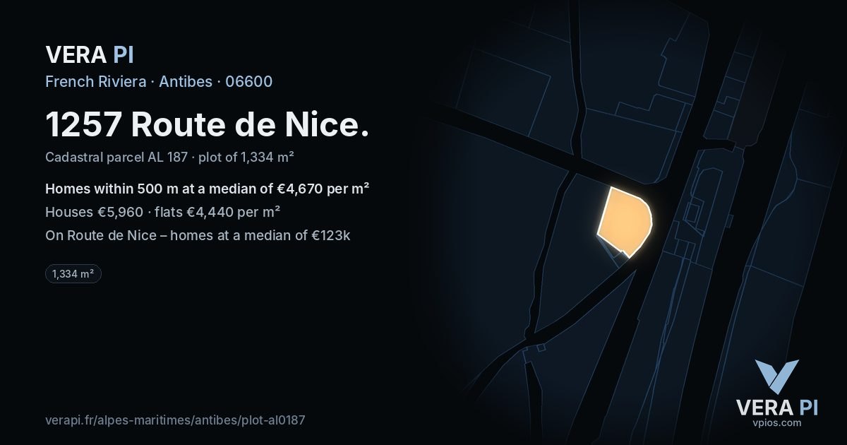 1257 Route de Nice, Antibes at night – the plot lit, the parcels around coloured by the prices near them