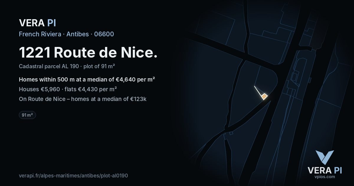 1221 Route de Nice, Antibes at night – the plot lit, the parcels around coloured by the prices near them