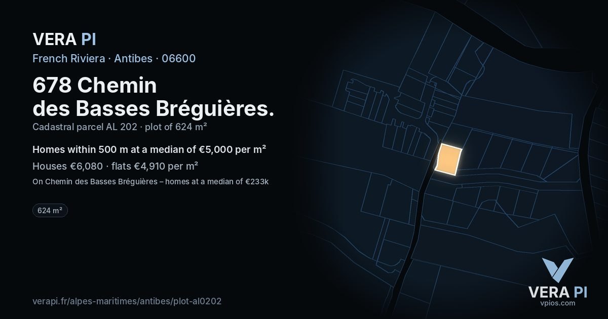 678 Chemin des Basses Bréguières, Antibes at night – the plot lit, the parcels around coloured by the prices near them