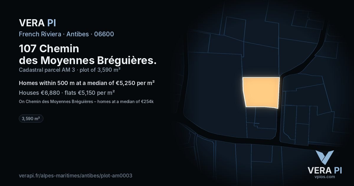 107 Chemin des Moyennes Bréguières, Antibes at night – the plot lit, the parcels around coloured by the prices near them