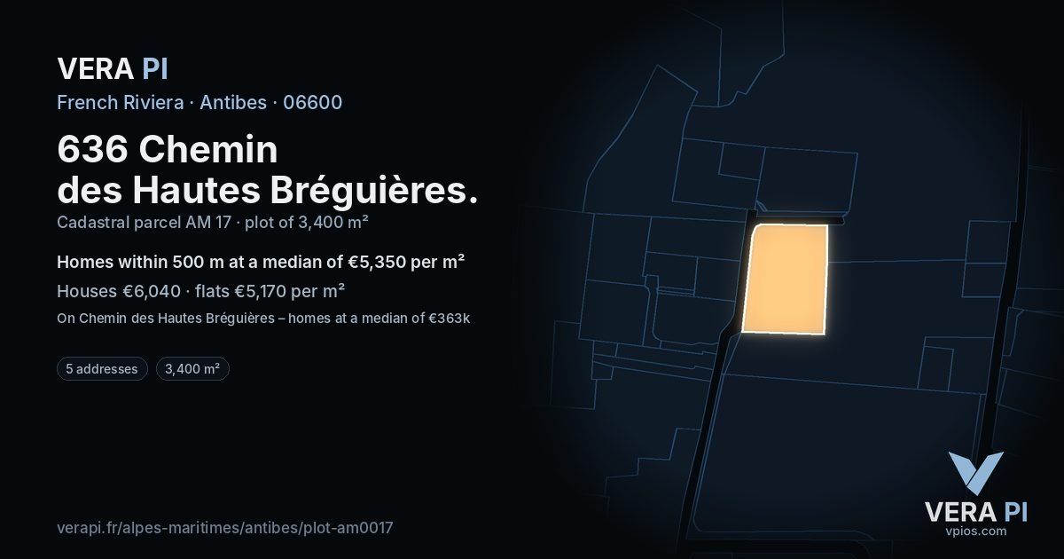 636 Chemin des Hautes Bréguières, Antibes at night – the plot lit, the parcels around coloured by the prices near them