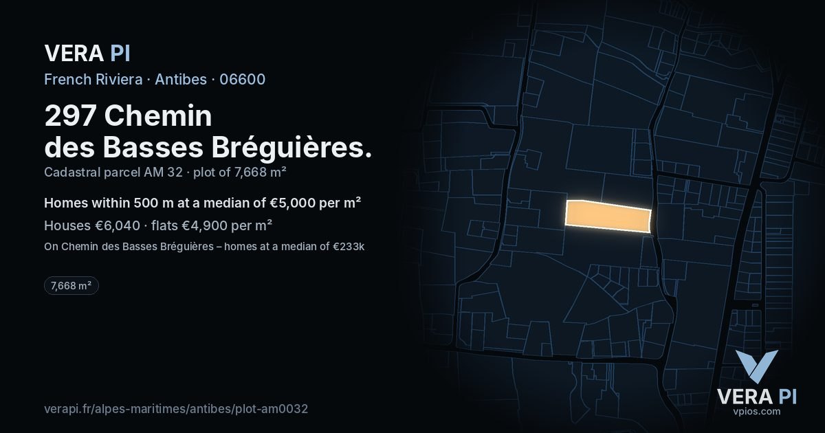 297 Chemin des Basses Bréguières, Antibes at night – the plot lit, the parcels around coloured by the prices near them