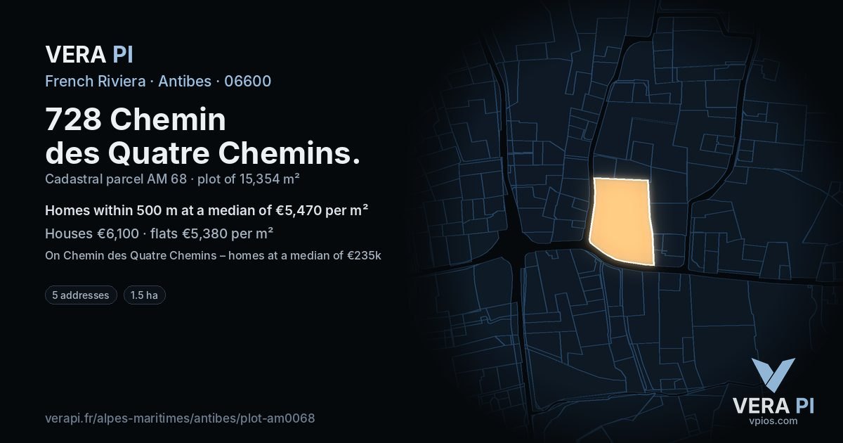 728 Chemin des Quatre Chemins, Antibes at night – the plot lit, the parcels around coloured by the prices near them