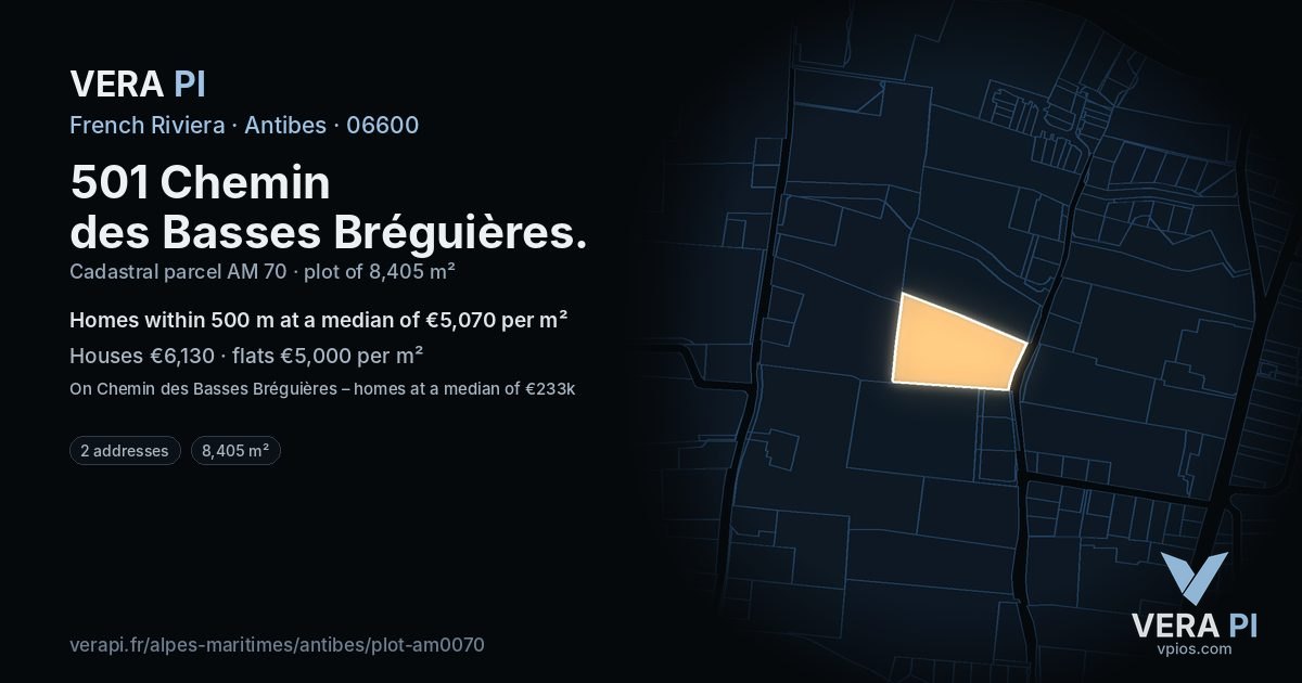 501 Chemin des Basses Bréguières, Antibes at night – the plot lit, the parcels around coloured by the prices near them