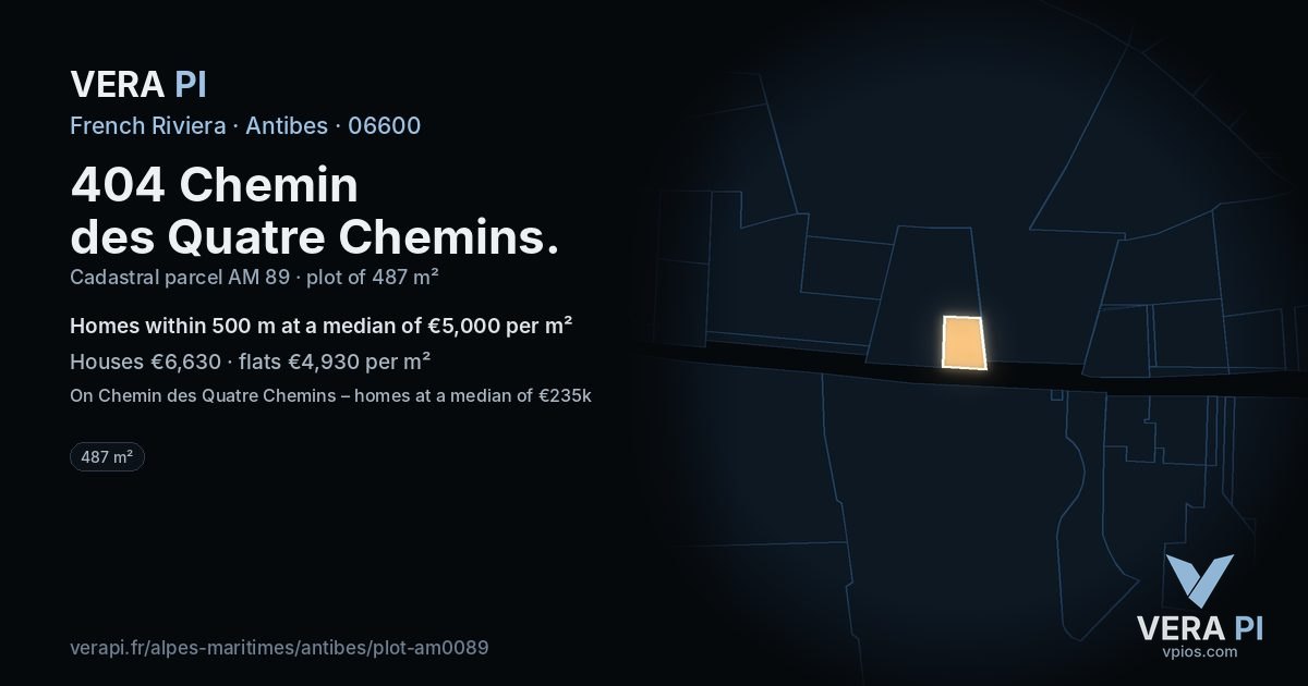 404 Chemin des Quatre Chemins, Antibes at night – the plot lit, the parcels around coloured by the prices near them