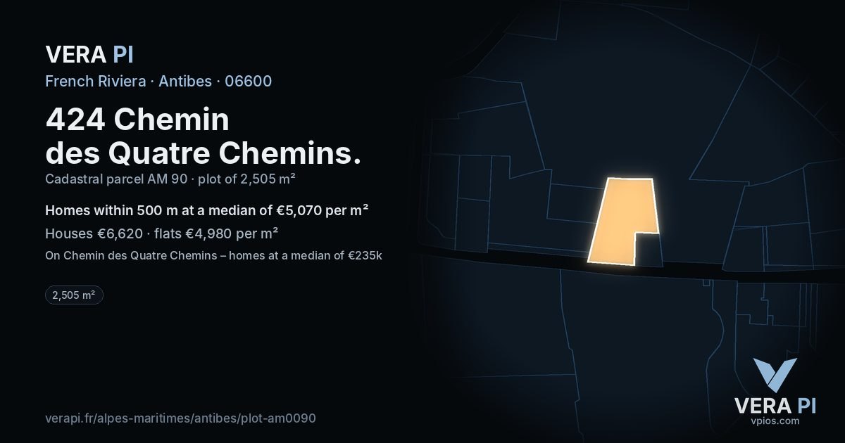 424 Chemin des Quatre Chemins, Antibes at night – the plot lit, the parcels around coloured by the prices near them