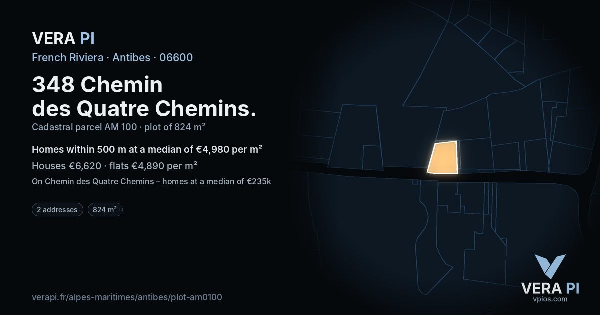 348 Chemin des Quatre Chemins, Antibes at night – the plot lit, the parcels around coloured by the prices near them