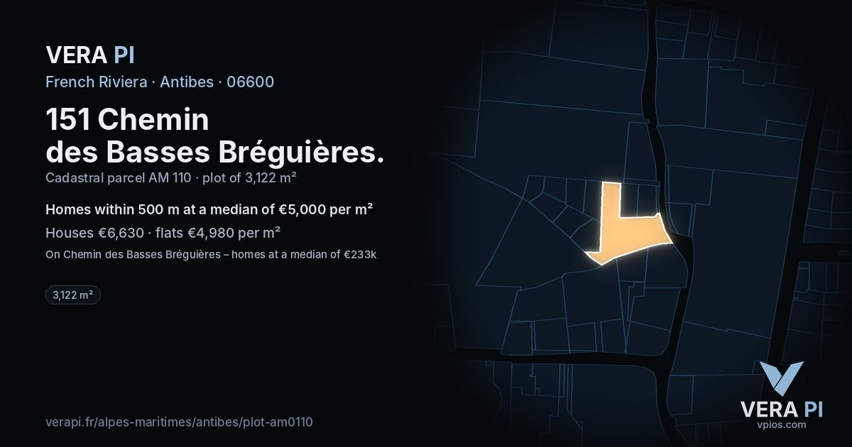 151 Chemin des Basses Bréguières, Antibes at night – the plot lit, the parcels around coloured by the prices near them