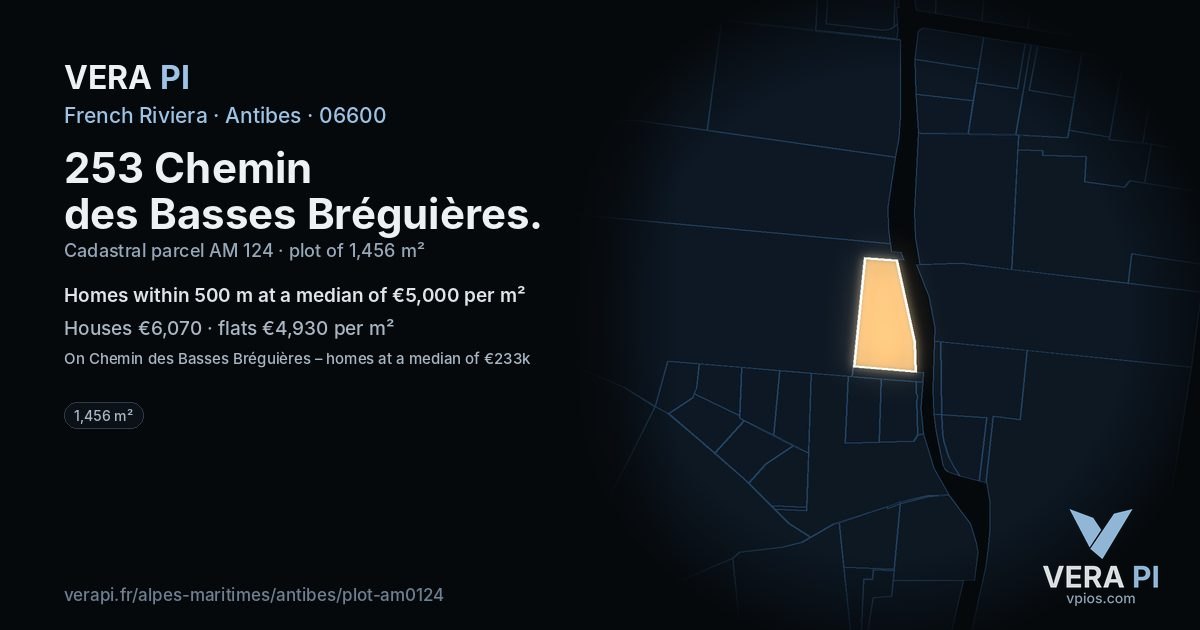 253 Chemin des Basses Bréguières, Antibes at night – the plot lit, the parcels around coloured by the prices near them