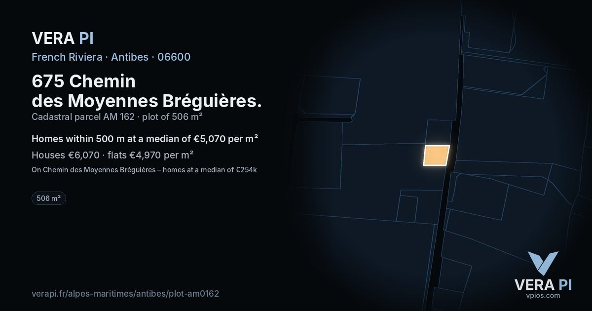 675 Chemin des Moyennes Bréguières, Antibes at night – the plot lit, the parcels around coloured by the prices near them