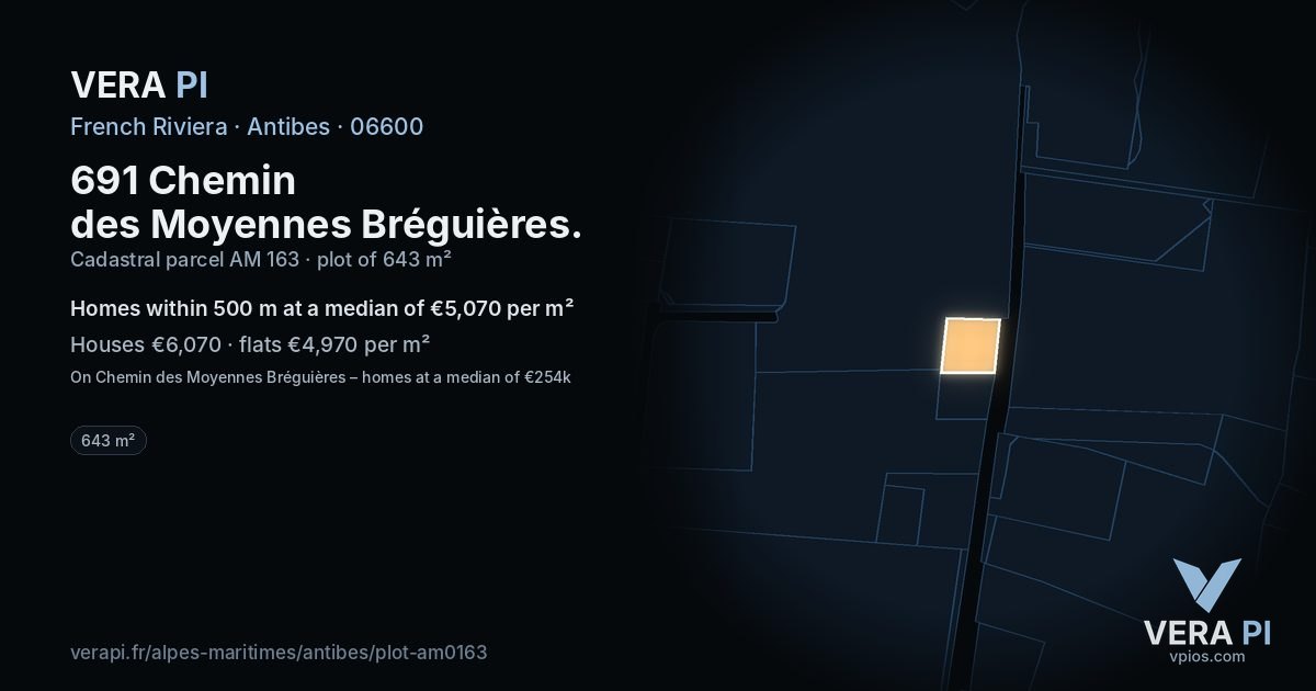 691 Chemin des Moyennes Bréguières, Antibes at night – the plot lit, the parcels around coloured by the prices near them