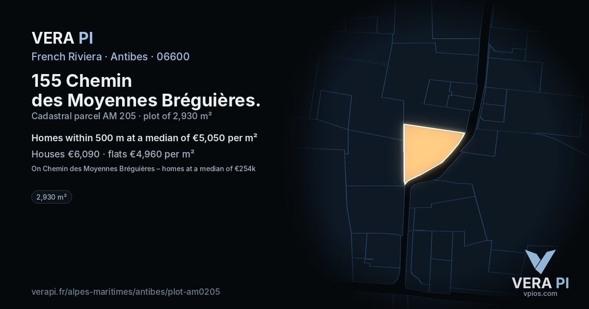 155 Chemin des Moyennes Bréguières, Antibes at night – the plot lit, the parcels around coloured by the prices near them