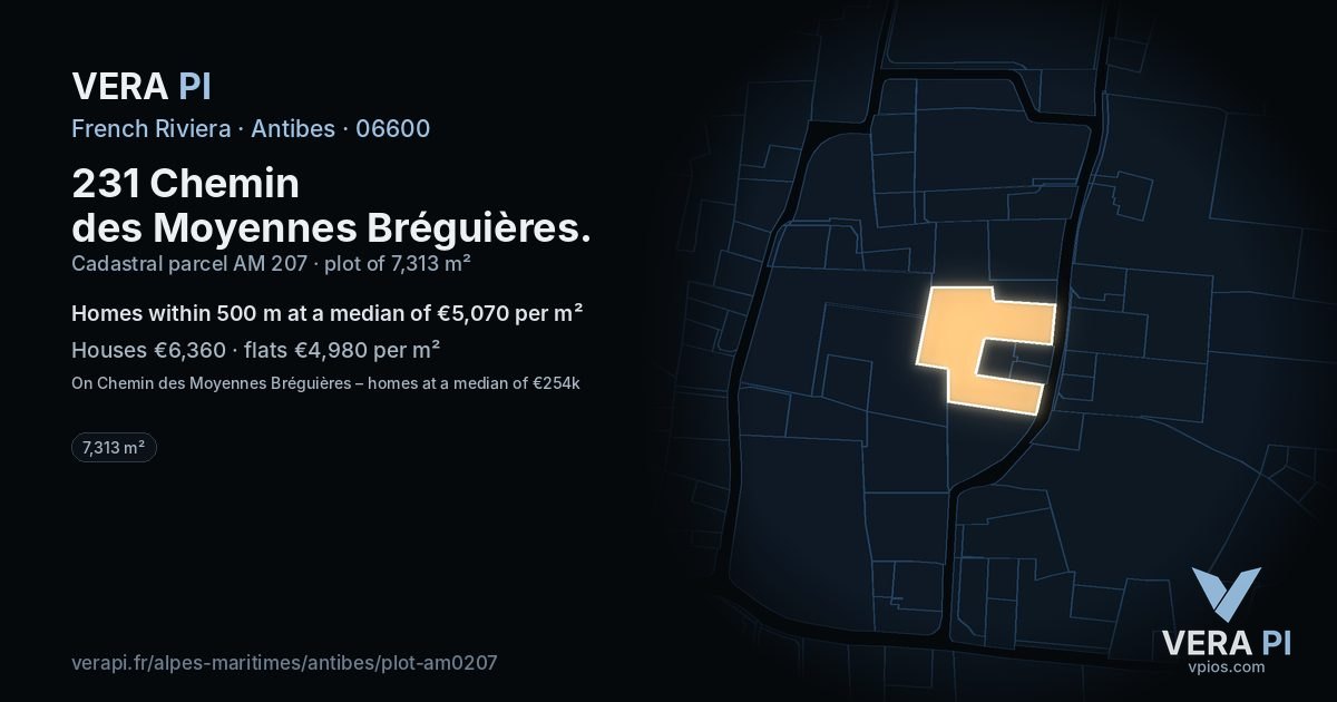 231 Chemin des Moyennes Bréguières, Antibes at night – the plot lit, the parcels around coloured by the prices near them