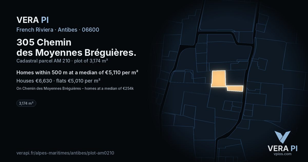 305 Chemin des Moyennes Bréguières, Antibes at night – the plot lit, the parcels around coloured by the prices near them