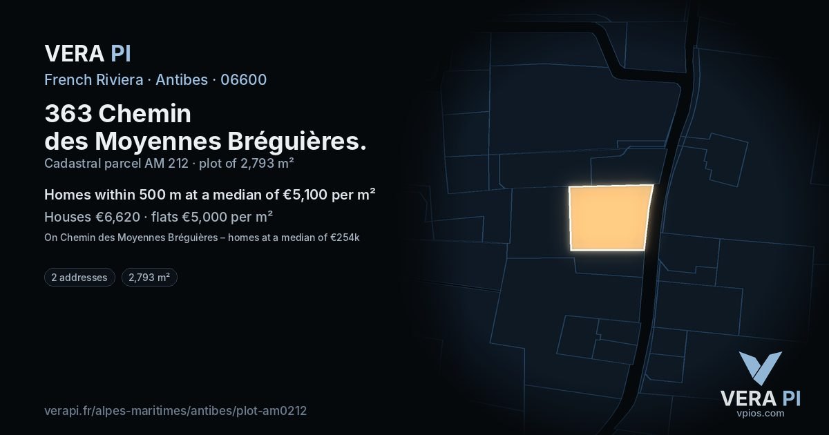 363 Chemin des Moyennes Bréguières, Antibes at night – the plot lit, the parcels around coloured by the prices near them