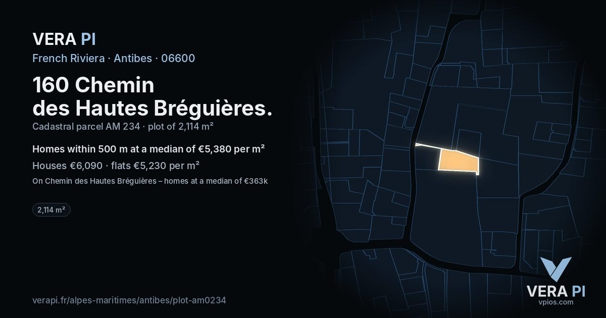 160 Chemin des Hautes Bréguières, Antibes at night – the plot lit, the parcels around coloured by the prices near them