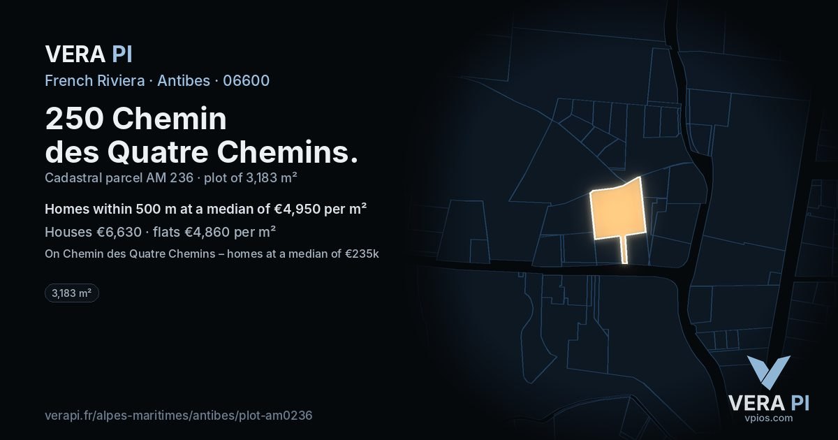 250 Chemin des Quatre Chemins, Antibes at night – the plot lit, the parcels around coloured by the prices near them