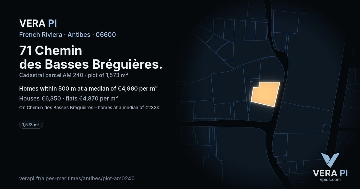 71 Chemin des Basses Bréguières, Antibes at night – the plot lit, the parcels around coloured by the prices near them
