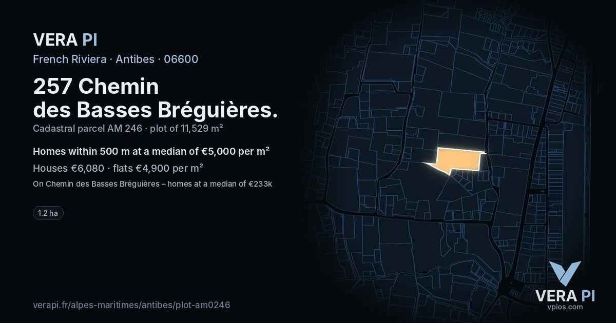 257 Chemin des Basses Bréguières, Antibes at night – the plot lit, the parcels around coloured by the prices near them