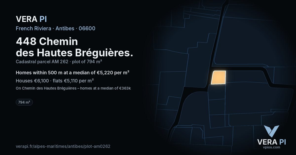 448 Chemin des Hautes Bréguières, Antibes at night – the plot lit, the parcels around coloured by the prices near them