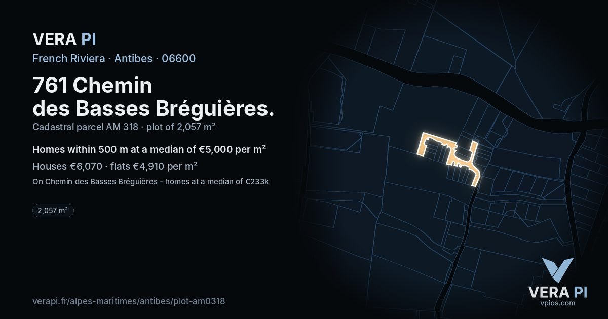 761 Chemin des Basses Bréguières, Antibes at night – the plot lit, the parcels around coloured by the prices near them