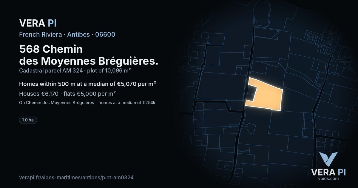 568 Chemin des Moyennes Bréguières, Antibes at night – the plot lit, the parcels around coloured by the prices near them