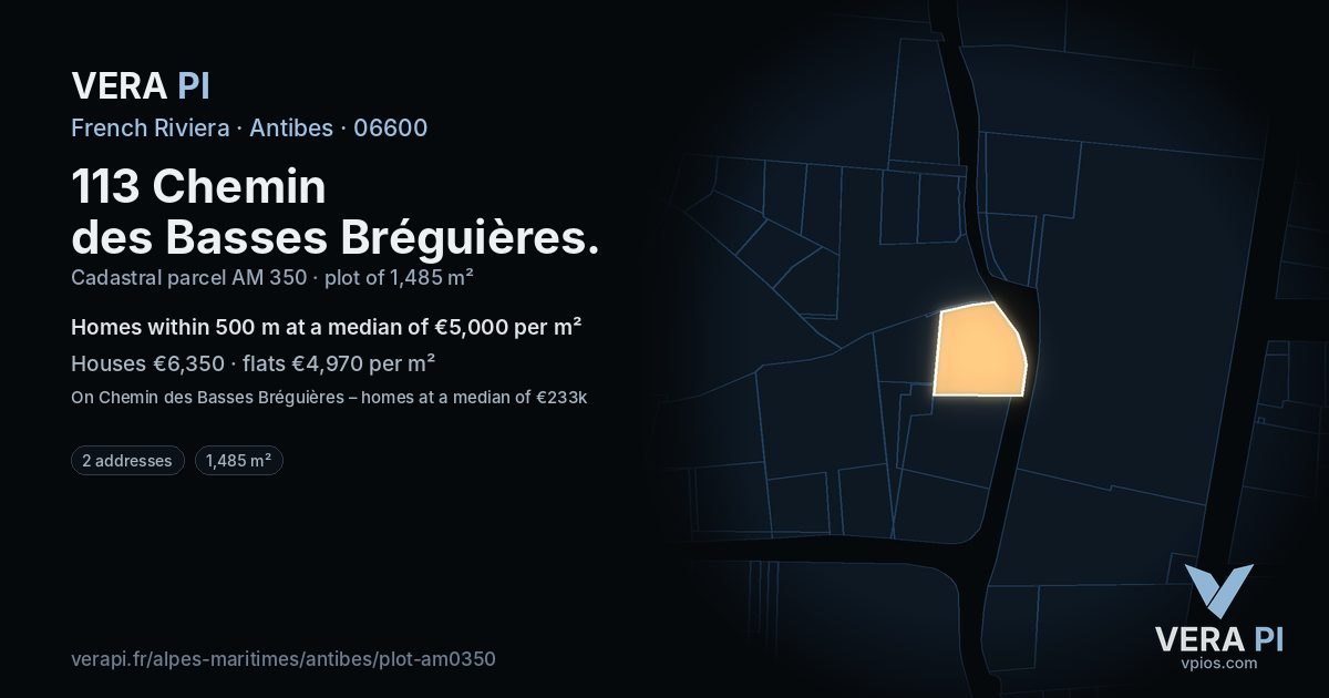 113 Chemin des Basses Bréguières, Antibes at night – the plot lit, the parcels around coloured by the prices near them