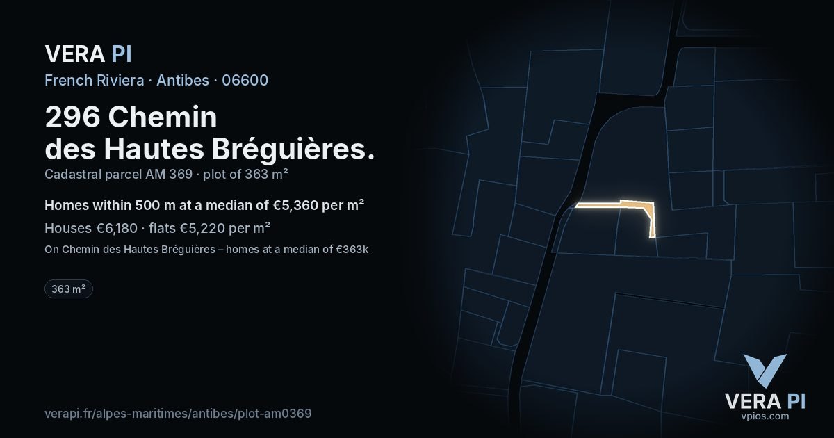 296 Chemin des Hautes Bréguières, Antibes at night – the plot lit, the parcels around coloured by the prices near them