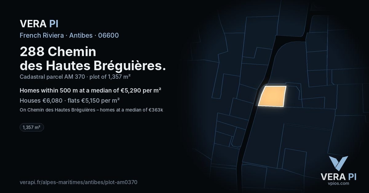 288 Chemin des Hautes Bréguières, Antibes at night – the plot lit, the parcels around coloured by the prices near them