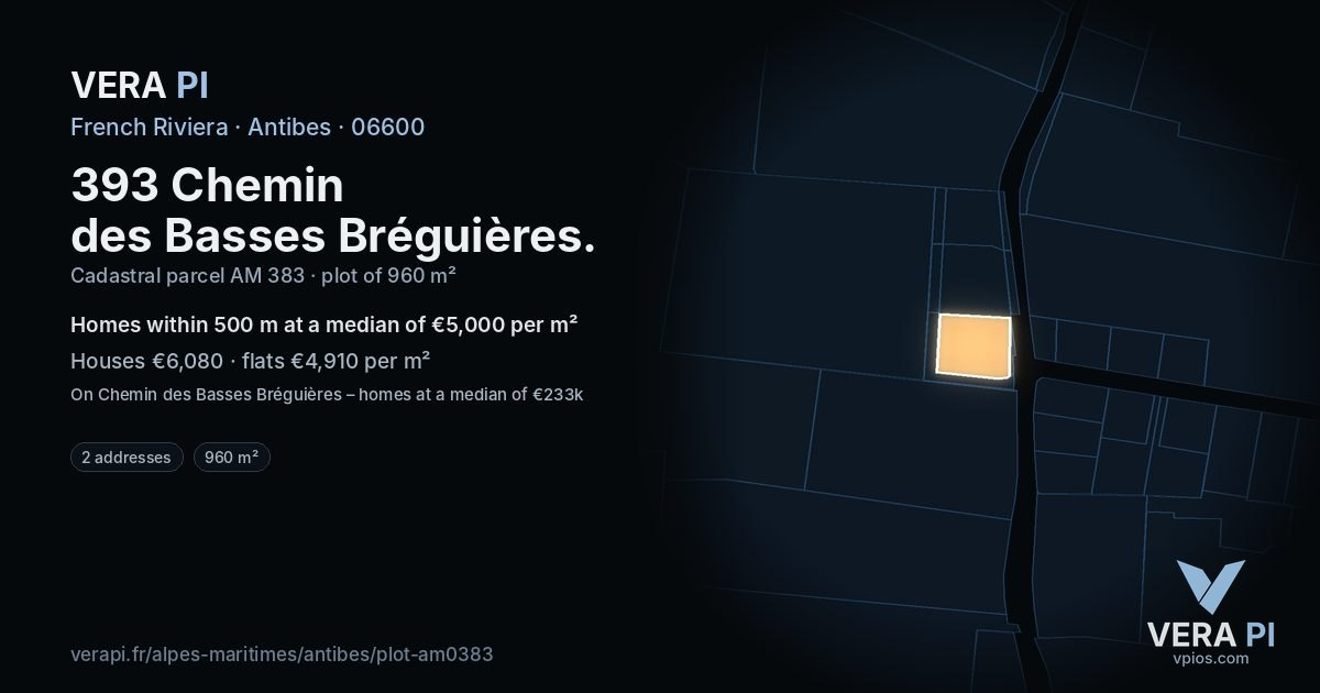 393 Chemin des Basses Bréguières, Antibes at night – the plot lit, the parcels around coloured by the prices near them