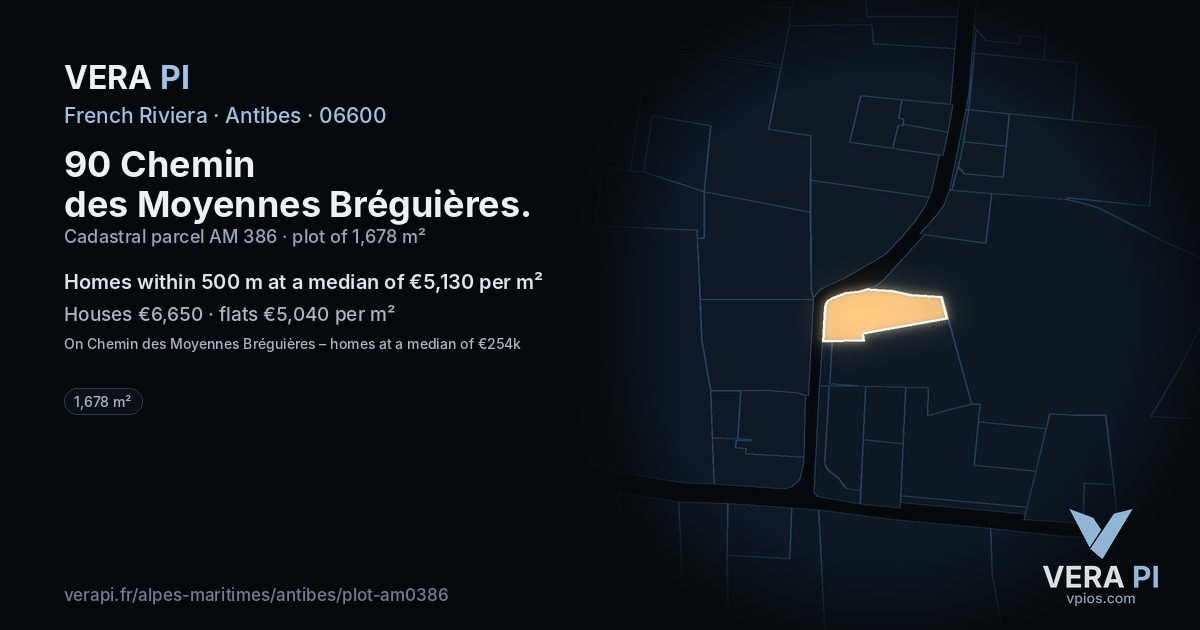 90 Chemin des Moyennes Bréguières, Antibes at night – the plot lit, the parcels around coloured by the prices near them