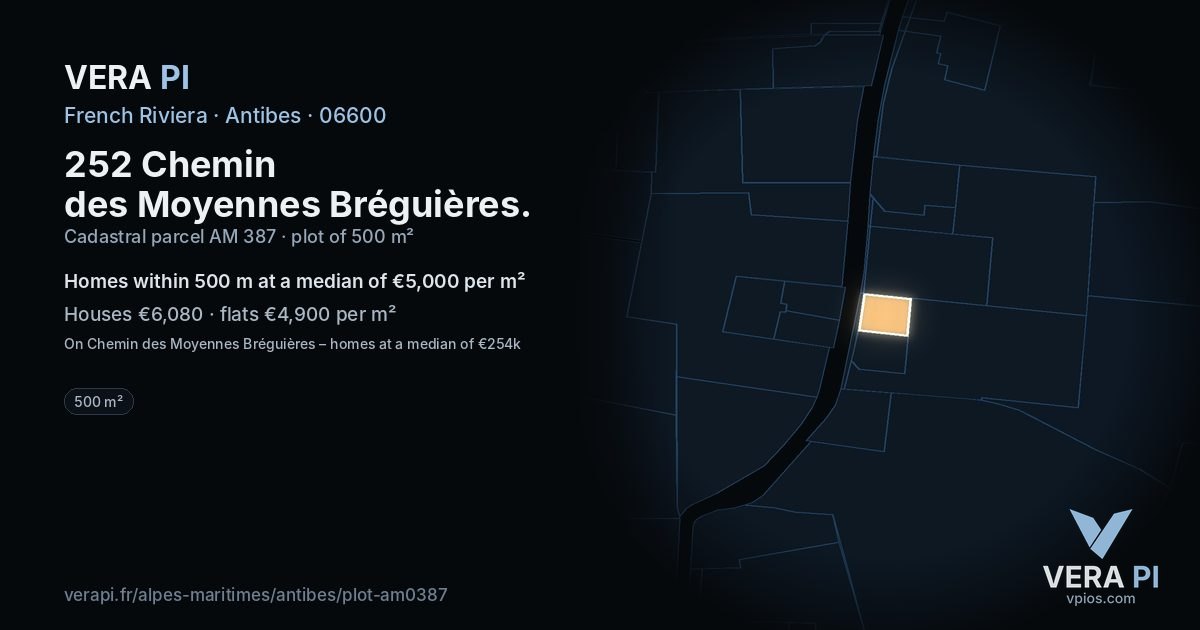 252 Chemin des Moyennes Bréguières, Antibes at night – the plot lit, the parcels around coloured by the prices near them