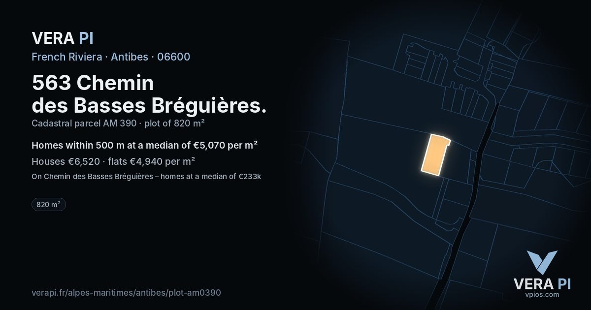 563 Chemin des Basses Bréguières, Antibes at night – the plot lit, the parcels around coloured by the prices near them