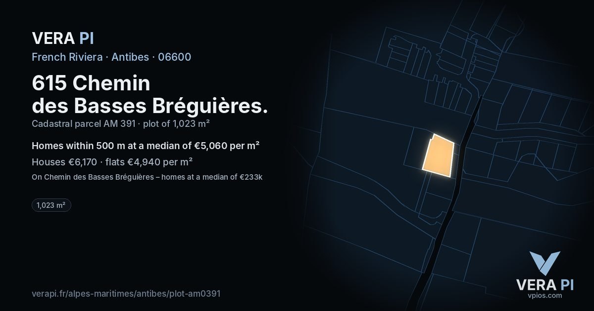 615 Chemin des Basses Bréguières, Antibes at night – the plot lit, the parcels around coloured by the prices near them