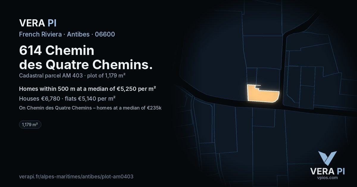 614 Chemin des Quatre Chemins, Antibes at night – the plot lit, the parcels around coloured by the prices near them