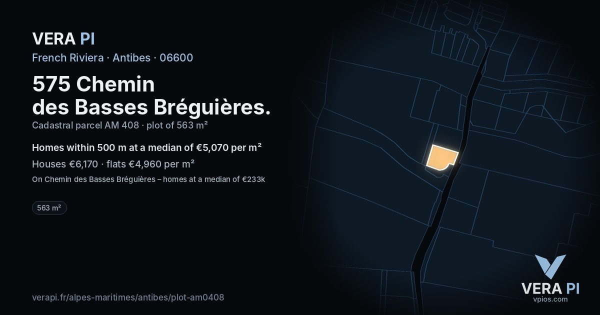 575 Chemin des Basses Bréguières, Antibes at night – the plot lit, the parcels around coloured by the prices near them