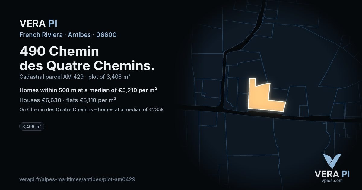 490 Chemin des Quatre Chemins, Antibes at night – the plot lit, the parcels around coloured by the prices near them