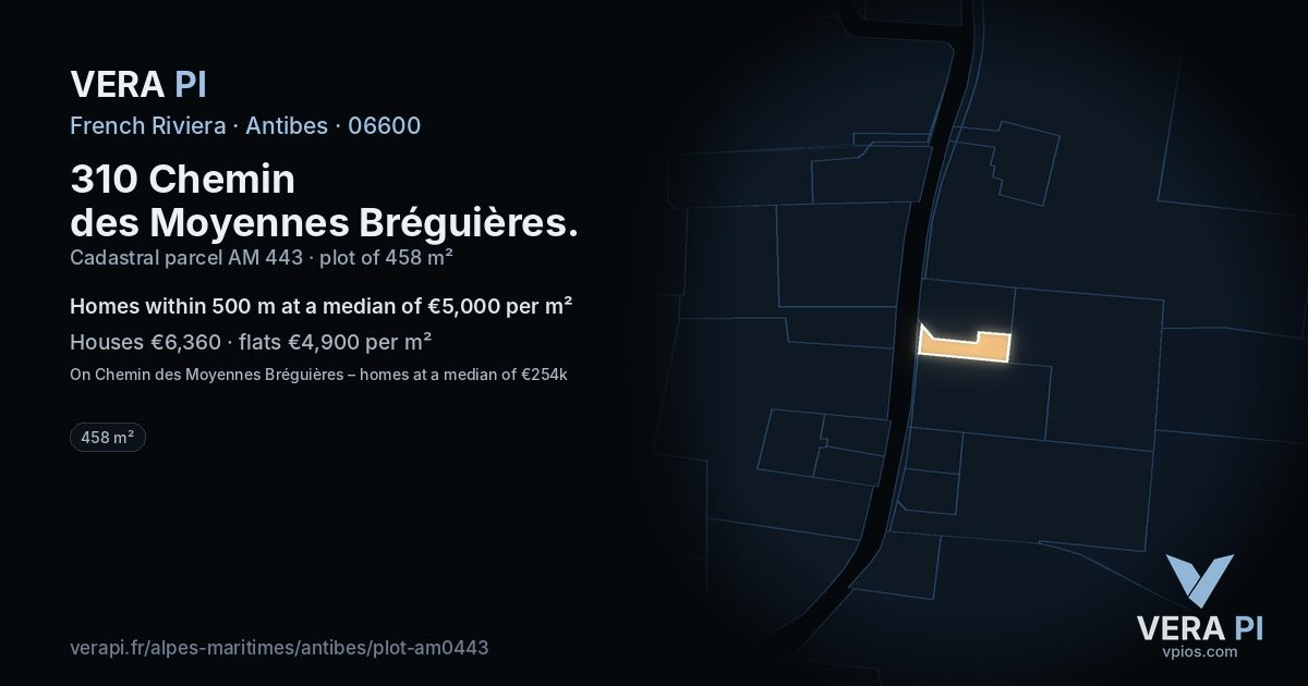310 Chemin des Moyennes Bréguières, Antibes at night – the plot lit, the parcels around coloured by the prices near them