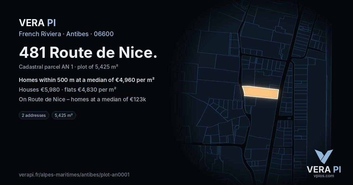 481 Route de Nice, Antibes at night – the plot lit, the parcels around coloured by the prices near them