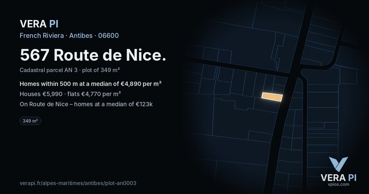 567 Route de Nice, Antibes at night – the plot lit, the parcels around coloured by the prices near them
