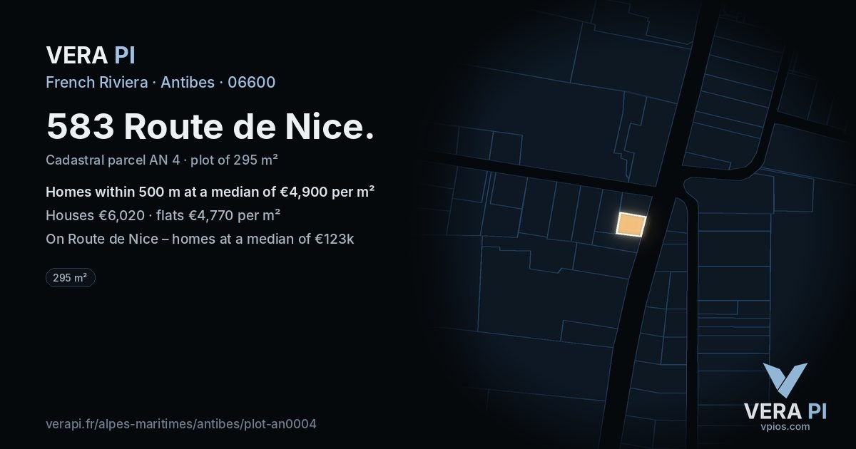 583 Route de Nice, Antibes at night – the plot lit, the parcels around coloured by the prices near them