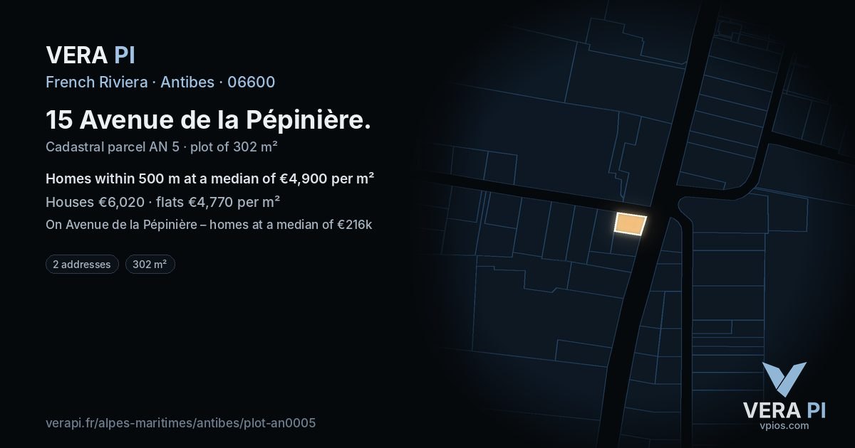 15 Avenue de la Pépinière, Antibes at night – the plot lit, the parcels around coloured by the prices near them