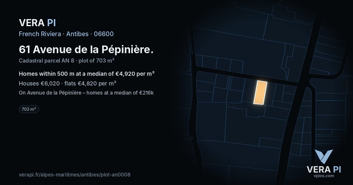 61 Avenue de la Pépinière, Antibes at night – the plot lit, the parcels around coloured by the prices near them