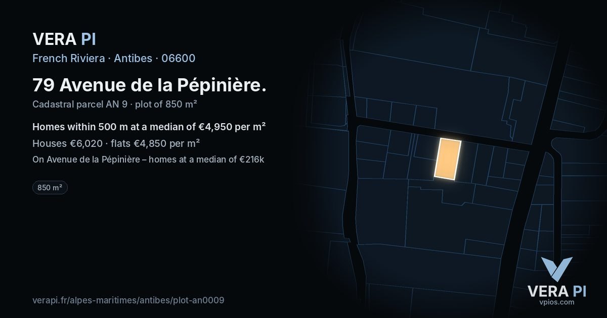 79 Avenue de la Pépinière, Antibes at night – the plot lit, the parcels around coloured by the prices near them