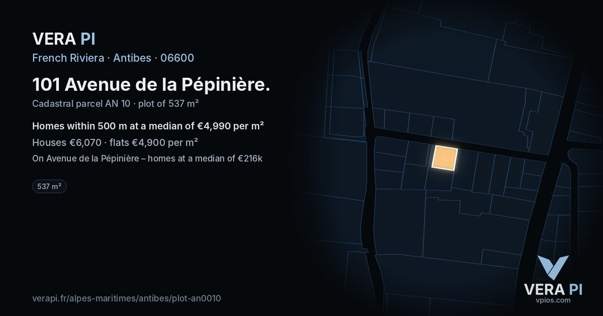 101 Avenue de la Pépinière, Antibes at night – the plot lit, the parcels around coloured by the prices near them