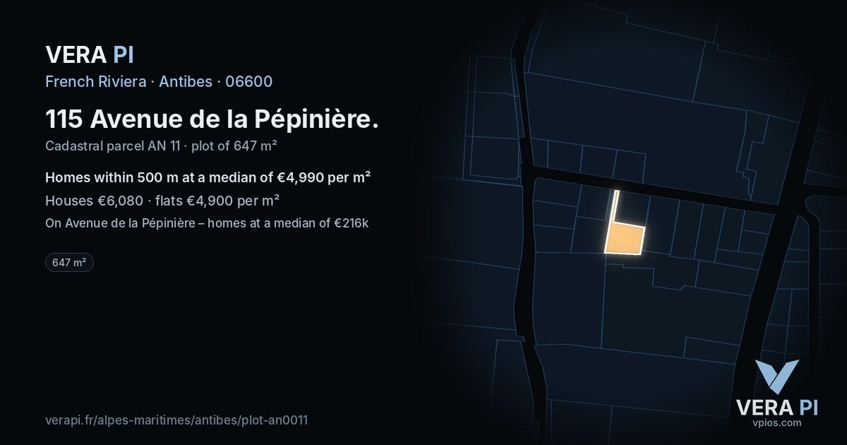 115 Avenue de la Pépinière, Antibes at night – the plot lit, the parcels around coloured by the prices near them