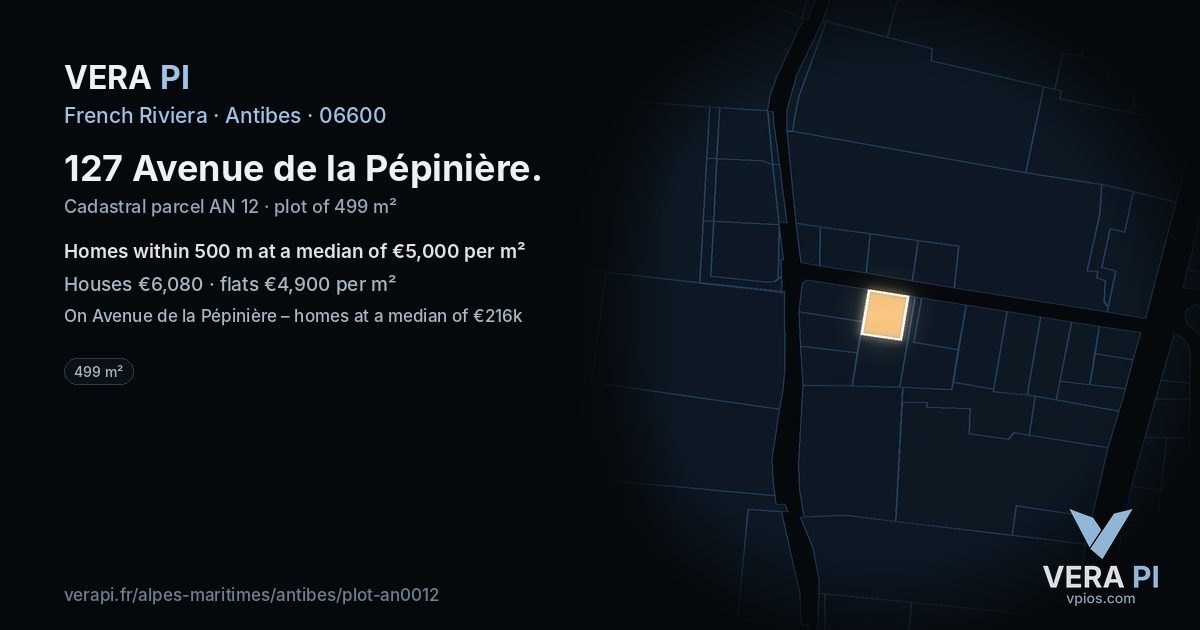 127 Avenue de la Pépinière, Antibes at night – the plot lit, the parcels around coloured by the prices near them